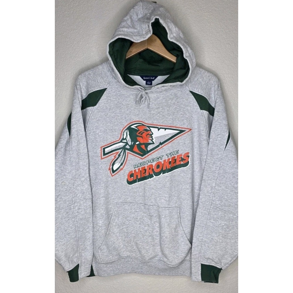 Sport-Tek Empire Grey Hoodie "Respect the‎ Cherokees" Men L Graphic Y2K Pullover